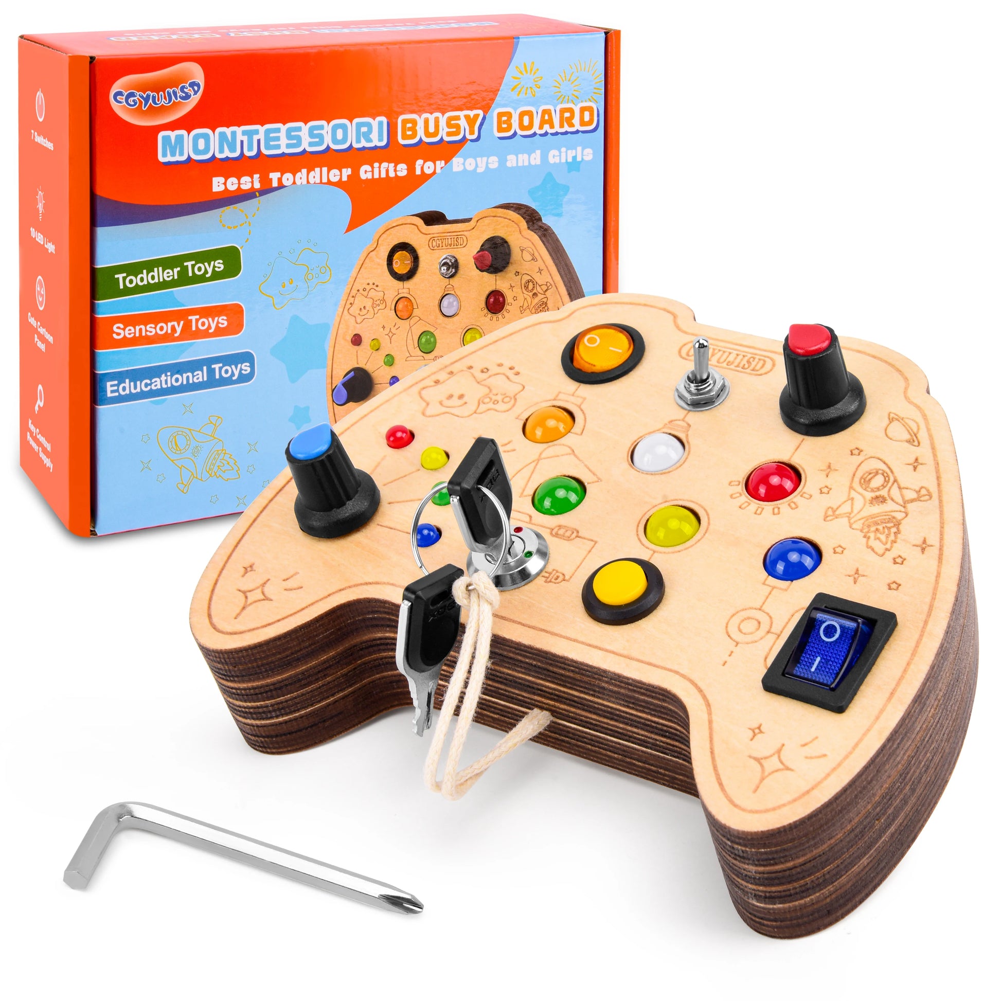 Montessori LED Busy Board – Wooden Sensory Toy for Toddlers Ages 3+ | Educational Activity Board with Cute Patterns