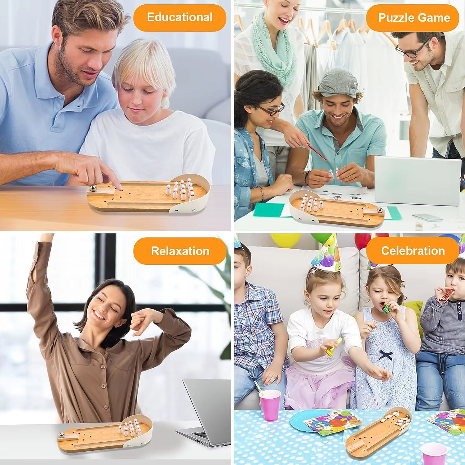 Mini Table top Bowling Game – Wooden Arcade Desk Toy for Stress Relief & Fun | Great Gift for Kids, Men & Women