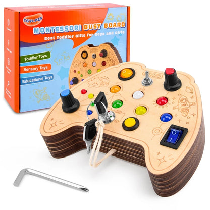 Montessori LED Busy Board – Wooden Sensory Toy for Toddlers Ages 3+ | Educational Activity Board with Cute Patterns